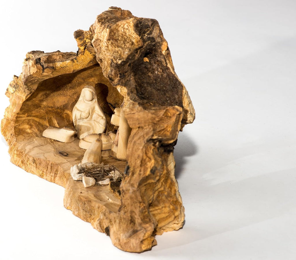 Christmas Nativity Set Indoor - Nativity Scene in Manger Carved Inside of a Solid Piece of Olive Wood Branch - Wooden