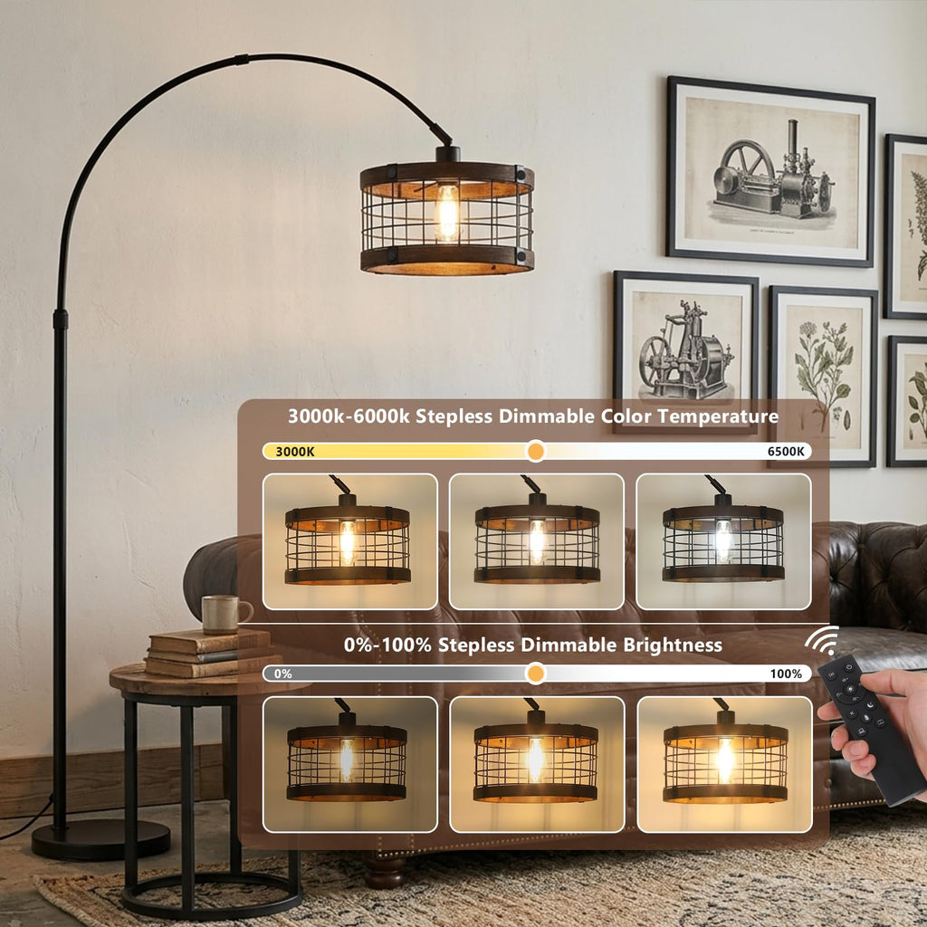 Inspired Arco Style Arc Floor Lamps with Remote and Dimmable LED Bulb, Vintage Wood Floor Lamp, Farmhouse Standing Lamp for Corner