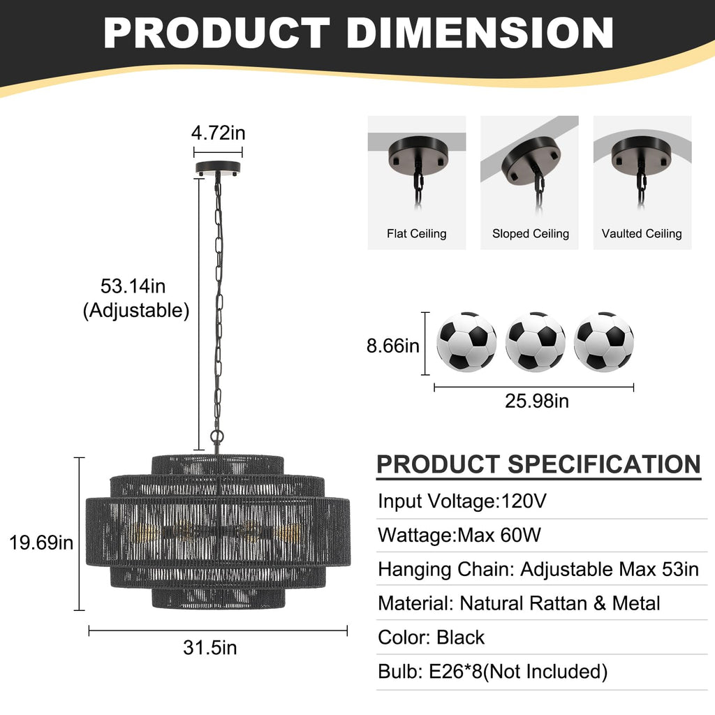 31.5" Large Black Rattan Chandelier, 8-Light Drum Light Fixture