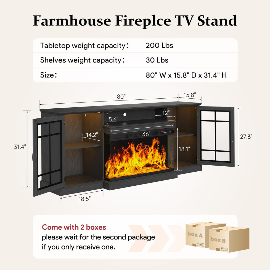 80'' Fireplace TV Stand, Farmhouse Entertainment Center with 3 Sided Glass TV Stand, Modern Media Console Table with