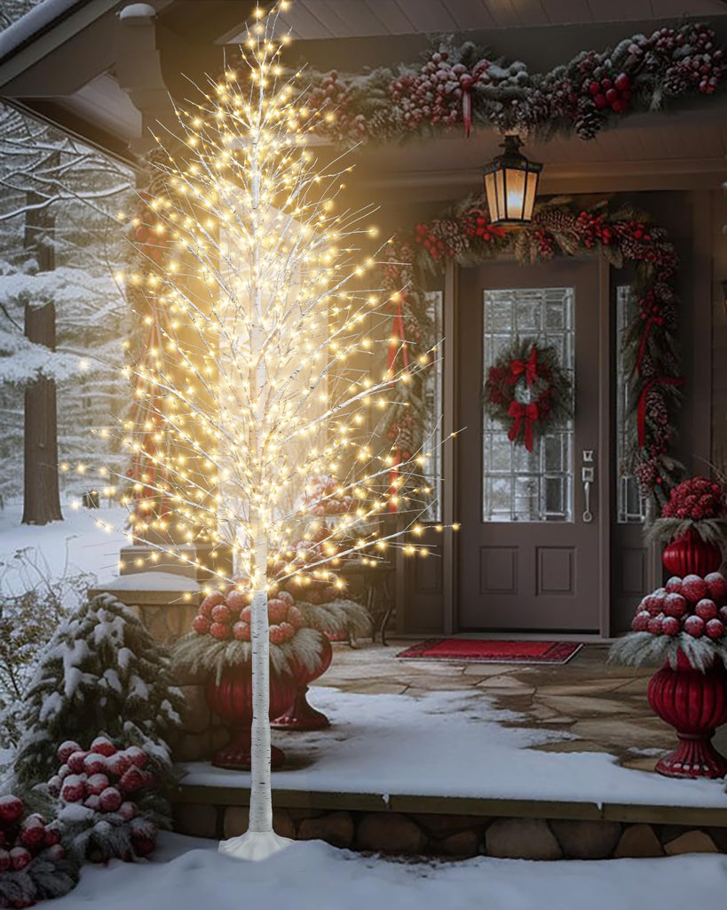 8FT Lighted Birch Tree 1440 LEDs Warm White Lights, 8 Modes Light Up White Artificial Christmas Twig Tree with Timer