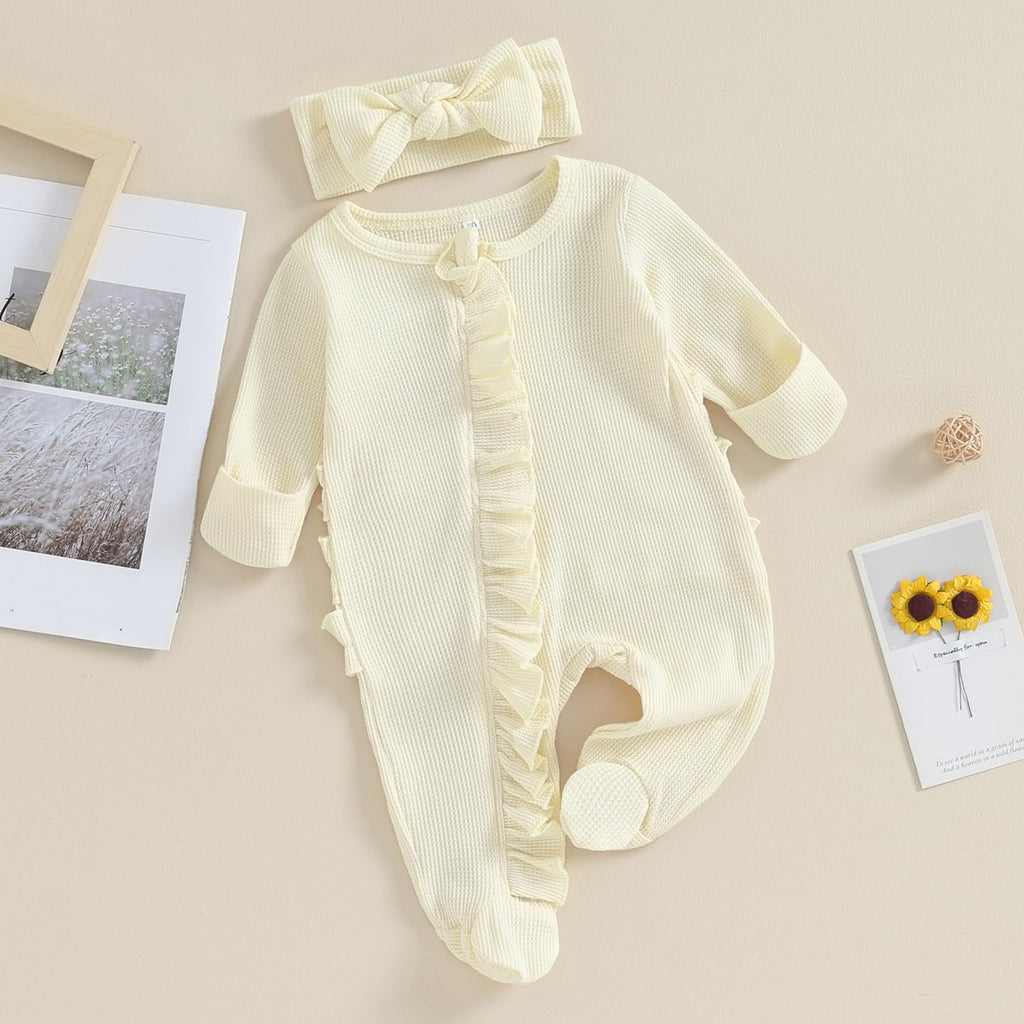 Newborn Baby Girl Clothes Long Sleeve Solid Color Romper Jumpsuits with Headband Infant Coming Home Outfit (Creamy