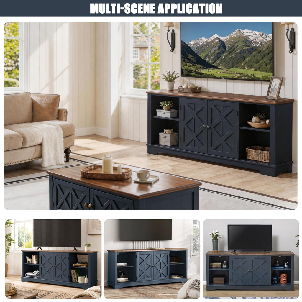 70 Inch Navy TV Stand, Farmhouse Rustic Media Console with Storage