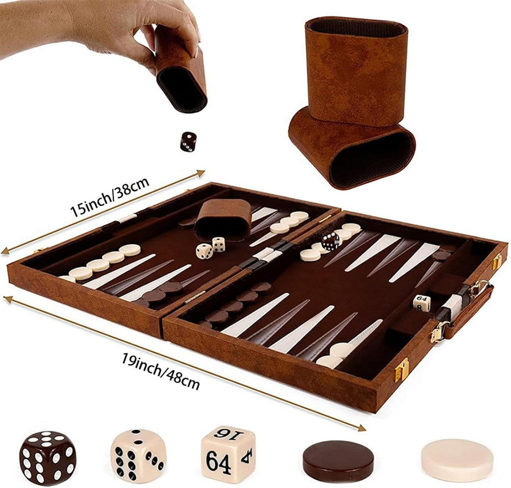 15-Inch Portable Backgammon Set with Folding Board and Leather Travel Case