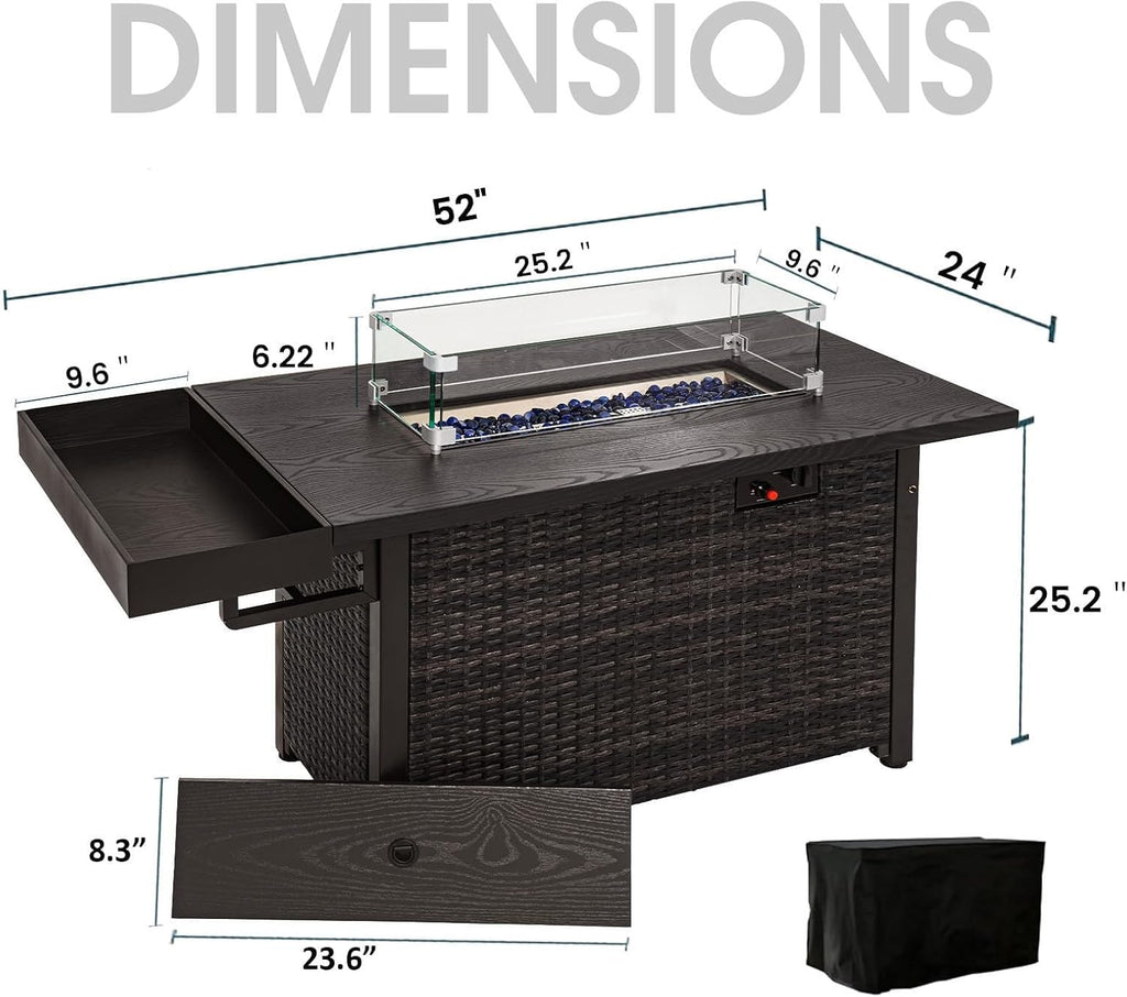 52 Inch Outdoor Rectangular Fire Pit Table, 50,000 BTU Propane Fire Pit with Glass Wind Guard and Sliding Tank