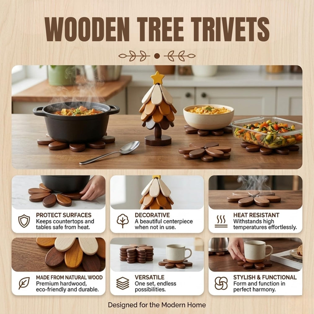 Wooden Tree Trivets for Hot Dishes, Christmas Tree Trivet with Stand, Natural Foldable Pot Holders for Hot - Set of 4