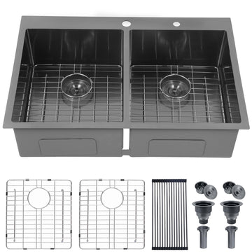 33x22 Inch 50/50 Double Bowl Black Drop Sink, 33 Inch Gunmetal Black 16 Gauge Stainless Steel Top Mount Kitchen Sink