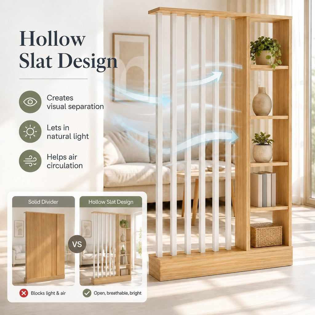 Wood Room Divider with Storage Shelves Freestanding Slat Partition Shelf
