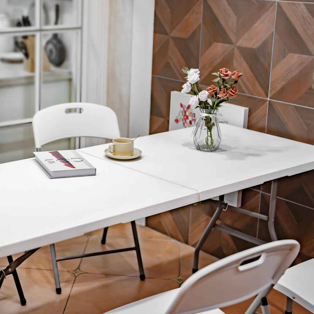 Folding Table 6ft, Heavy Duty Plastic Fold-in-Half Utility Table, White