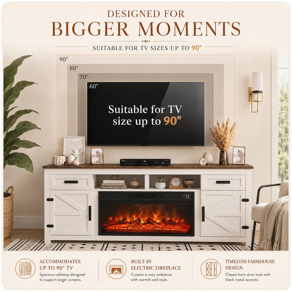 Farmhouse Fireplace TV Stand with Barn Door, 80 inch, White