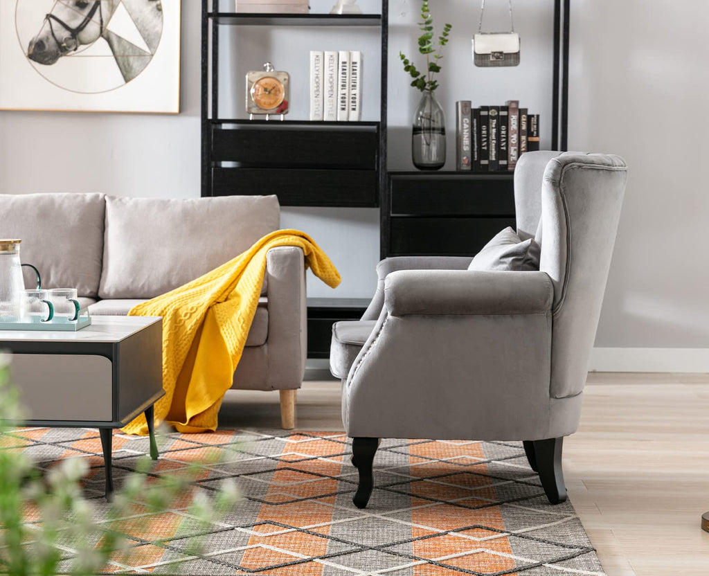 Grey Accent Chair Velvet Wingback Chair with Pillow Nail-Head Channel Tufted Oversized Club Chair Bedroom Guest Room