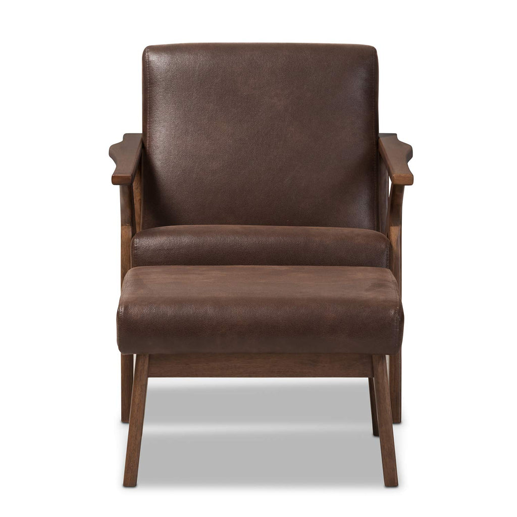 Inspired Eames Style Bianca Mid-Century Modern Walnut Wood Dark Brown Distressed Faux Leather Lounge Chair and Ottoman