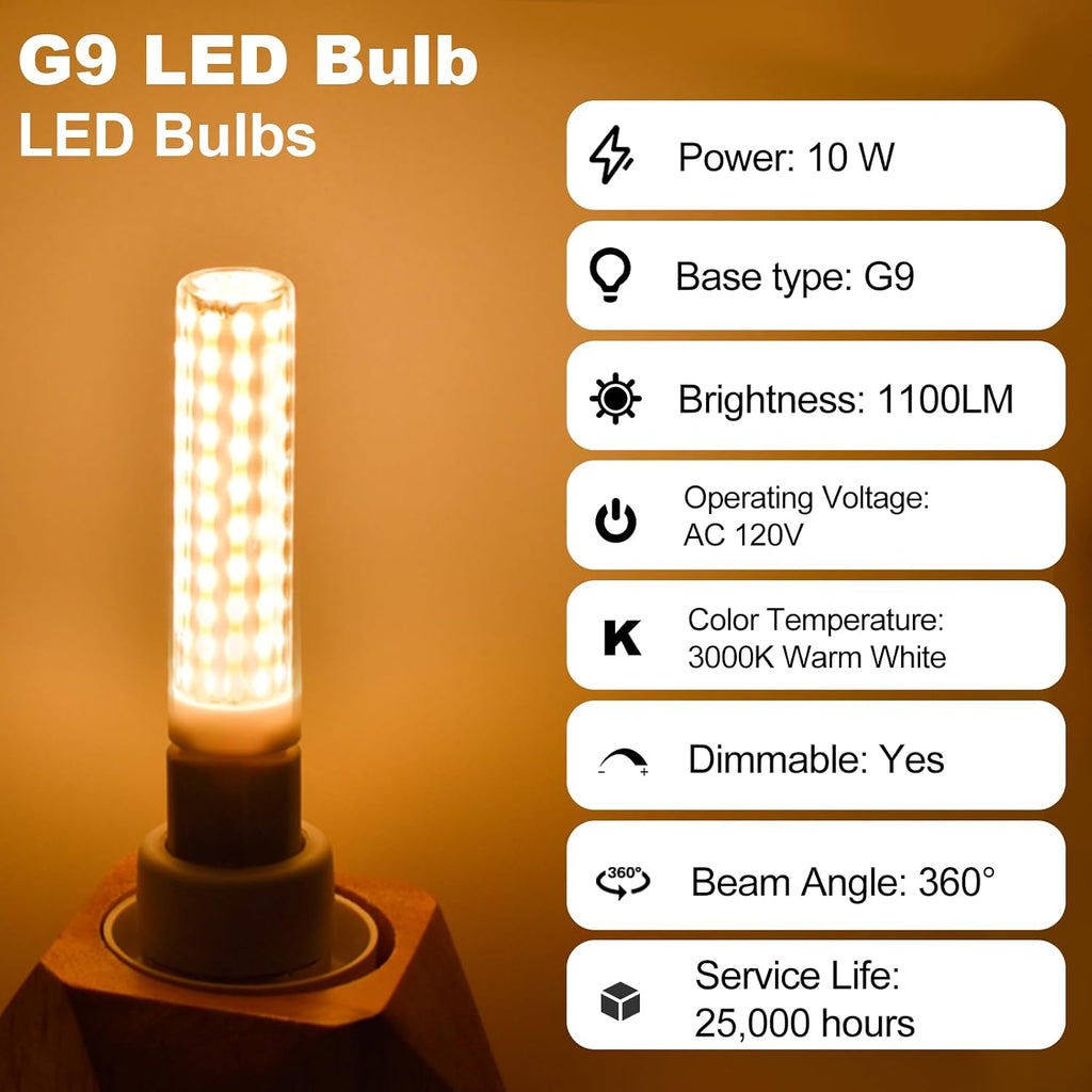 G9 Bi-Pin COB LED Bulbs Dimmable 10W 120V Warm White 3000K 3-Pack