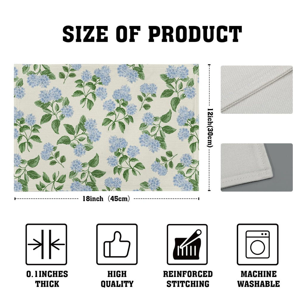 Hydrangea Placemats Set of 4 - Spring Summer Place Mats 12x18 Blue Floral Table Mats Flower Kitchen Mats for Party