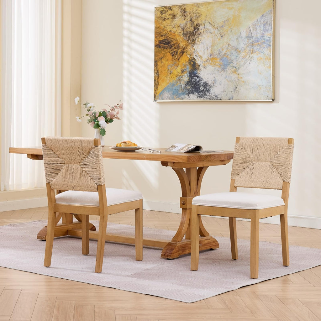 French Country Dining Chairs Set of 4, Beige Farmhouse Wood Dining Room Chairs, Woven Back Linen Upholstered Dining
