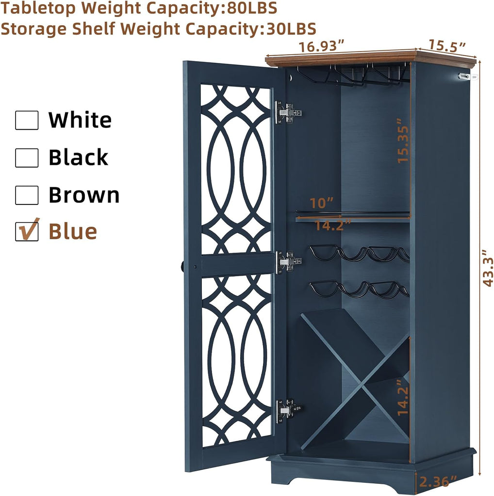 Wine Bar Cabinet with Glass Door, 43" Blue Liquor Cabinet | Wine Rack, Storage Shelf, Thick Base, Elegant Wood Grain