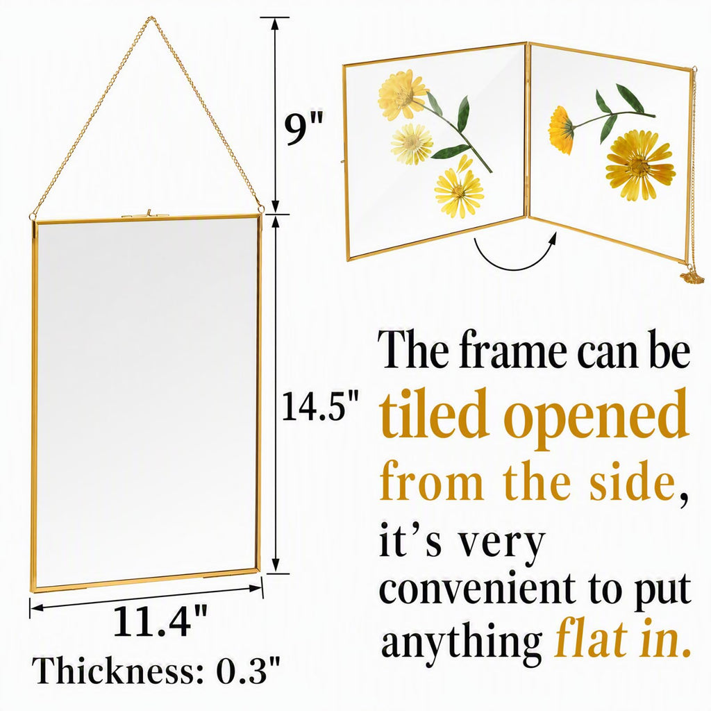 Brass Hanging Photo Frame, 11x14 Inch Double Glass Floating Display for Pressed Flowers, Large Picture Artwork