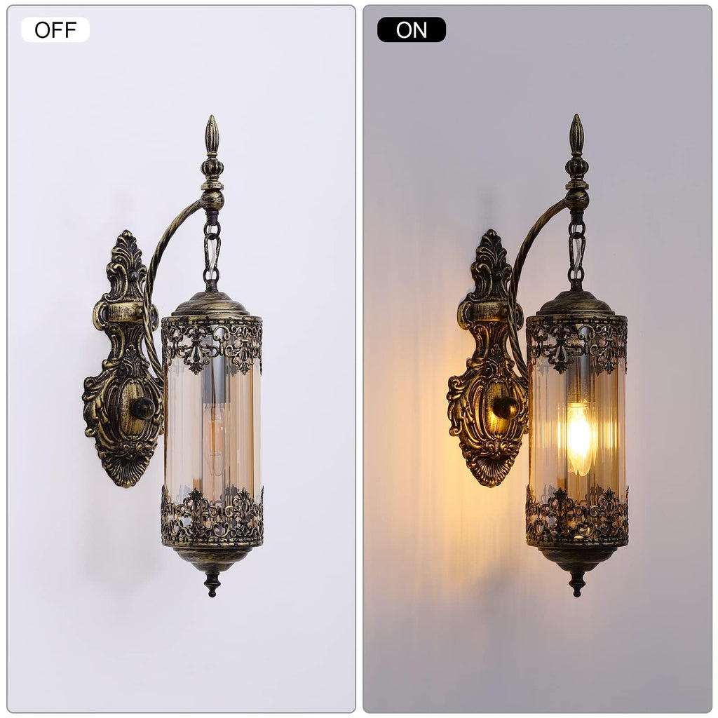 Antique Gothic Amber Glass Wall Sconce, 2-Pack