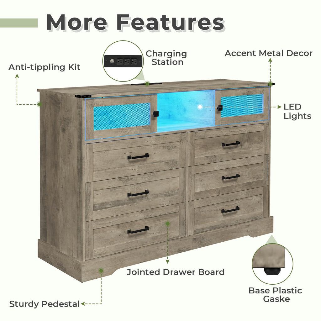 6 Drawer with LED Lights and Charging Station, Farmhouse Chest of Drawers Closet Organizer, Clothes Storage Cabinet
