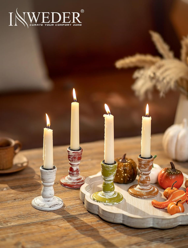 Fall Table Decor Rustic: Wooden Candlestick Holders - Set of 4