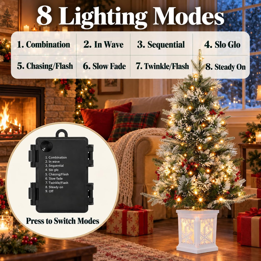 3 Ft Pre-Lit Christmas Tree, Artificial Christmas Tree with Base, Xmas Tree with Timer, Christmas Decoration , Easy
