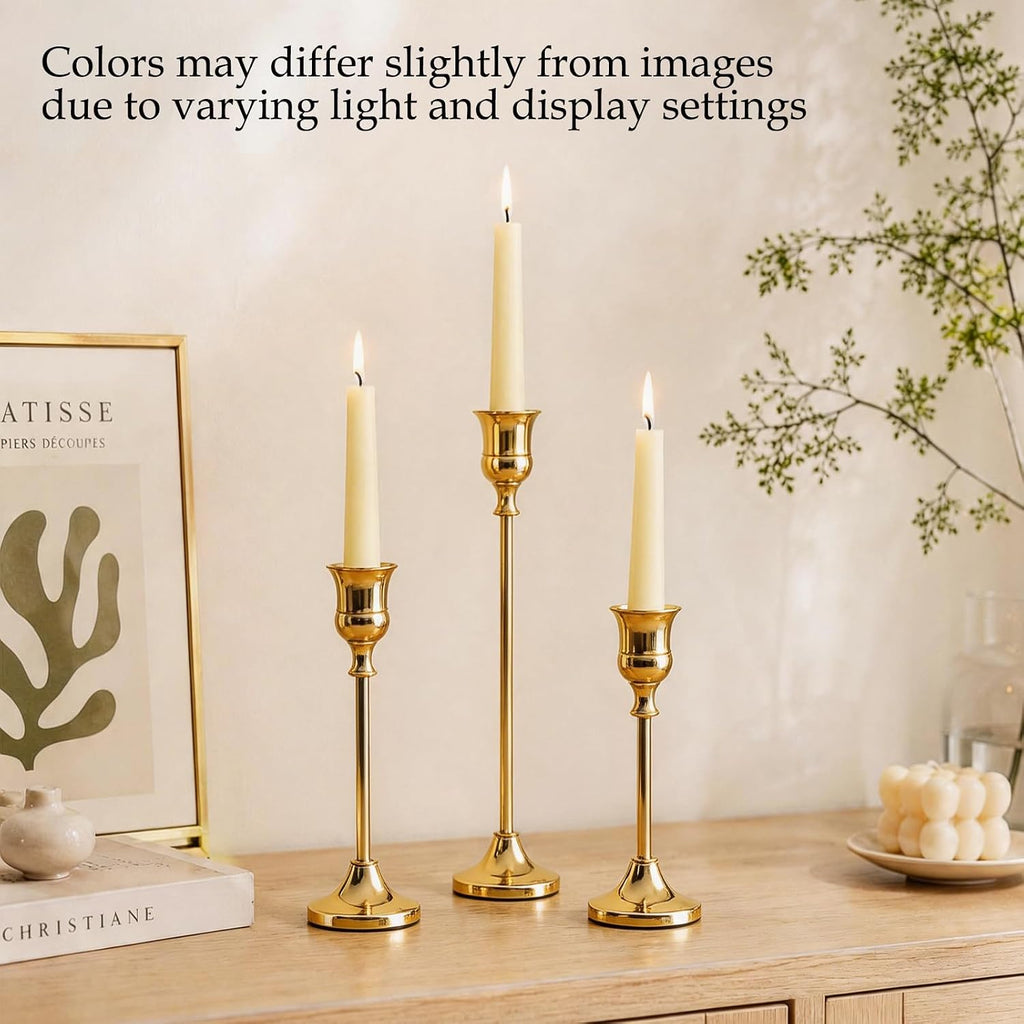 Brass Gold Candle Holders Set of 12, Metal Taper Candlestick Holders in 3 Heights - Vintage Candle Stick Holder Brass