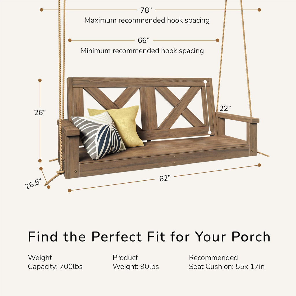 Amish Heavy Duty 700 Lb Farmhouse Porch Swing W/Ropes (5 Foot, Warm Walnut Stain)