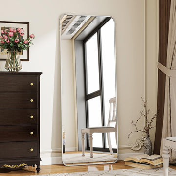 56" x 21" Rounded Corner Full Length Mirror with Stand, Silver