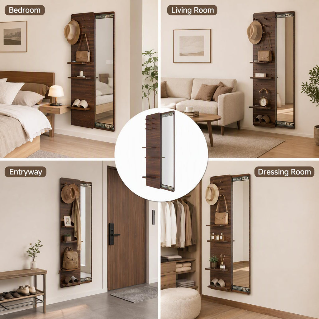 Hide Wall Mounted Mirror,Full Length Mirror with Shelf and Hooks,Space Saving Sliding Pegboard Wood Looking Glass