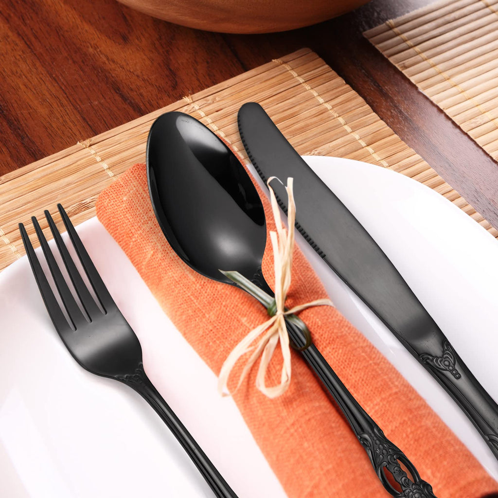 Black Silverware Royal Flatware Set for 4 Stainless Steel Cutlery Retro Antique Kitchen Utenisl with Flower Design