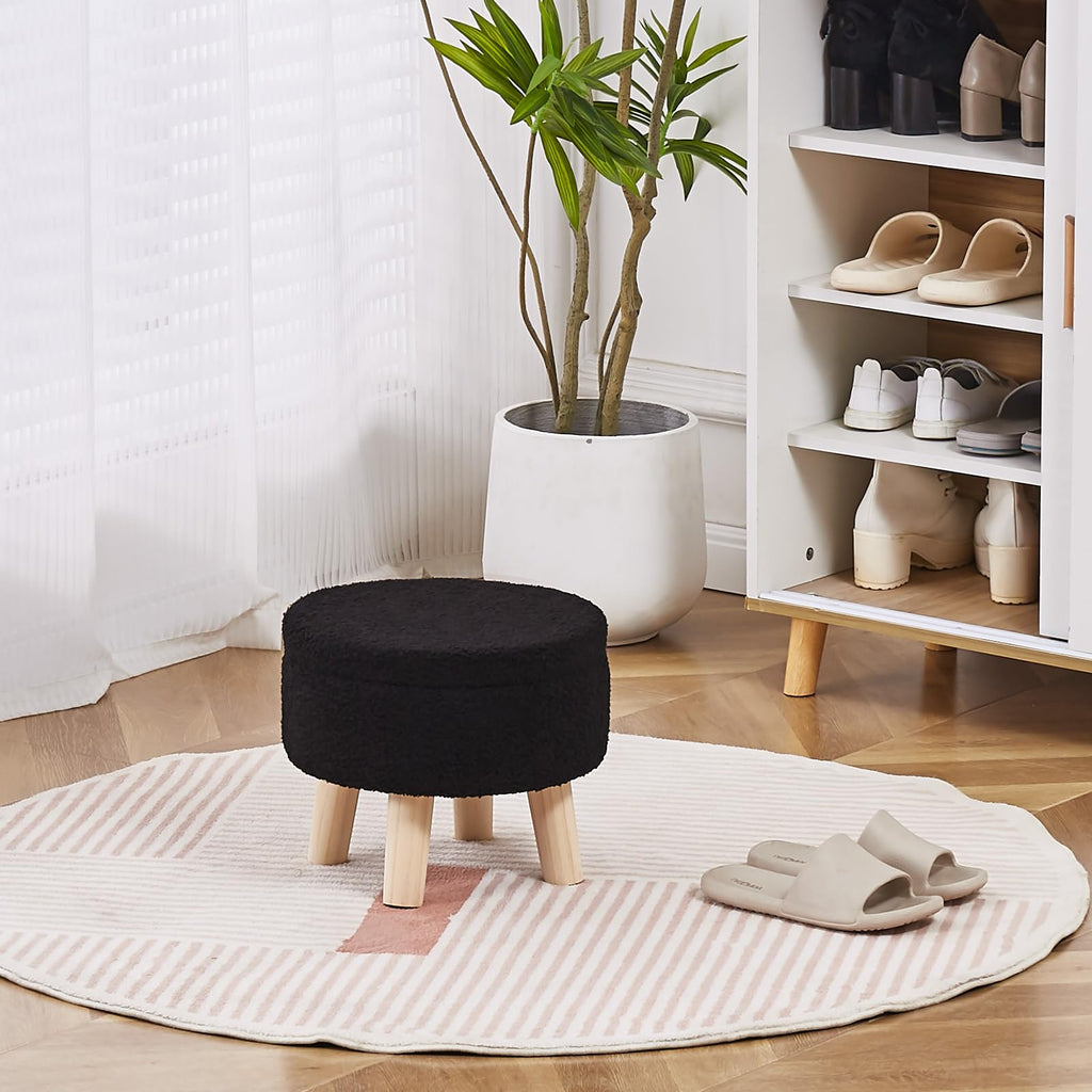 Storage Ottoman, Modern Round Footrest with Soft Padded Seat, Teddy Velvet Footstool with Wood Legs, Accent Small