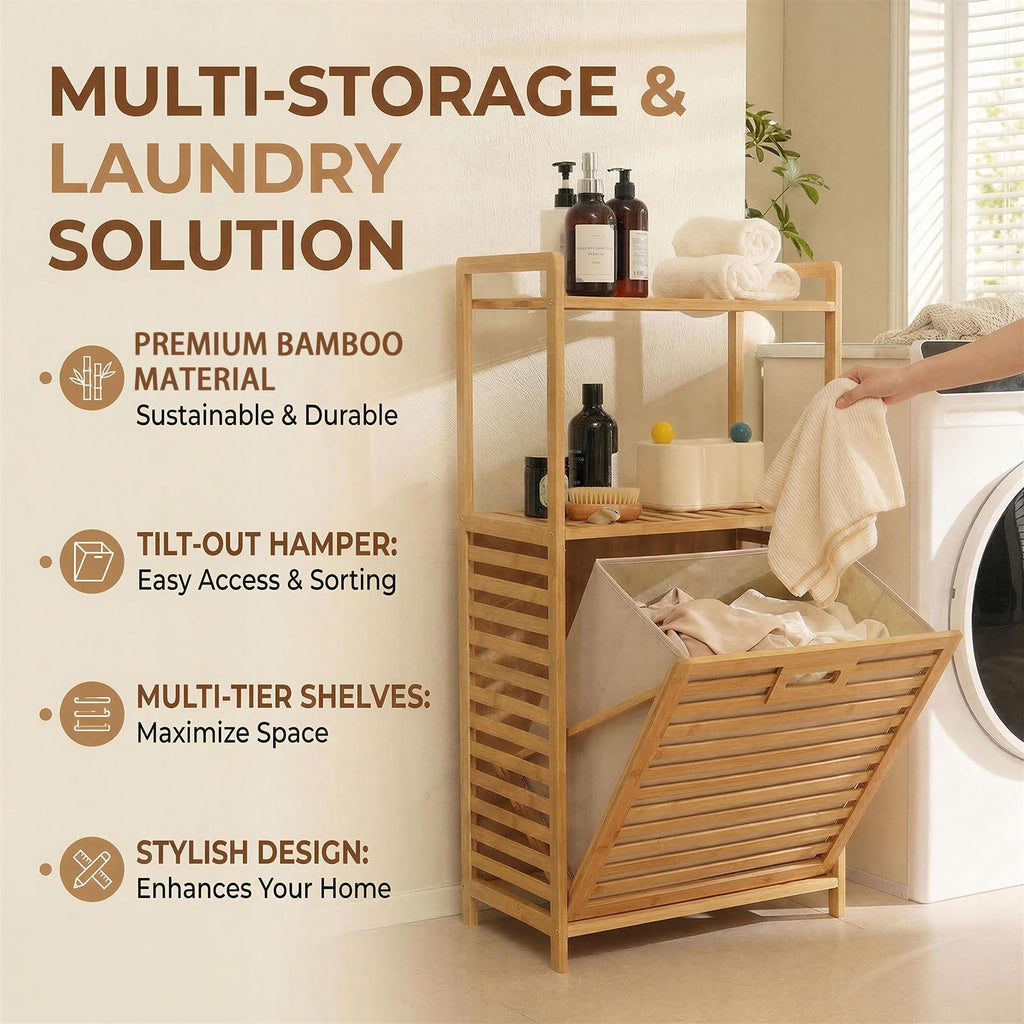 Tilt Out Laundry Hamper with Shelf - Bamboo Laundry Basket, Brown
