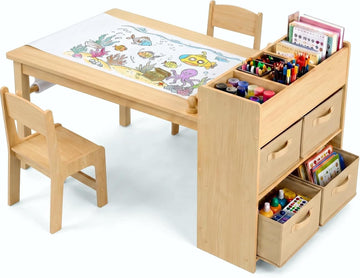 Kids Art Table & 2 Chairs Set, Wooden Activity Craft Desk w/ Paper Roll