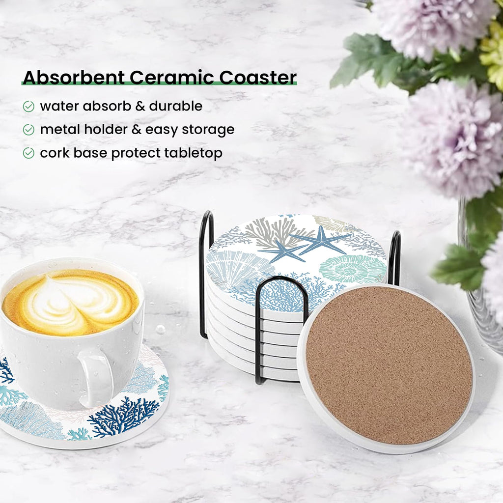 Nautical Coastal Coasters for Drinks Set of 6, Round Absorbent Ceramic Stone Coaster with Metal Holder Stand, Beach