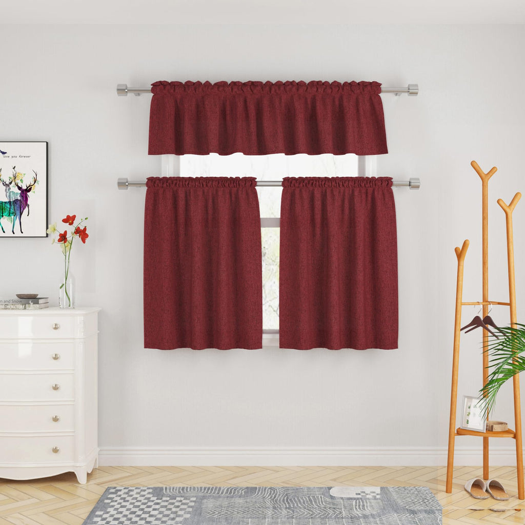 Red Tier Linen Textured Kitchen Window Curtains - 36 Inch Burgundy Cafe Curtains - Privacy Panels for Sink, Bathroom
