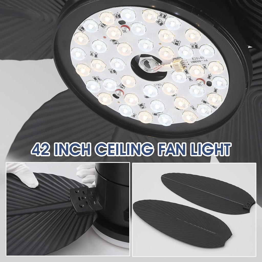 Palm Leaf Ceiling Fans with Lights-42 Tropical Ceiling Fan with Light and Remote/APP Control,Flush Mount Low Profile Black Ceiling Fans for Bedroom,Indoor/Outdoor Patio Use A101-B0DLVQVJKJ