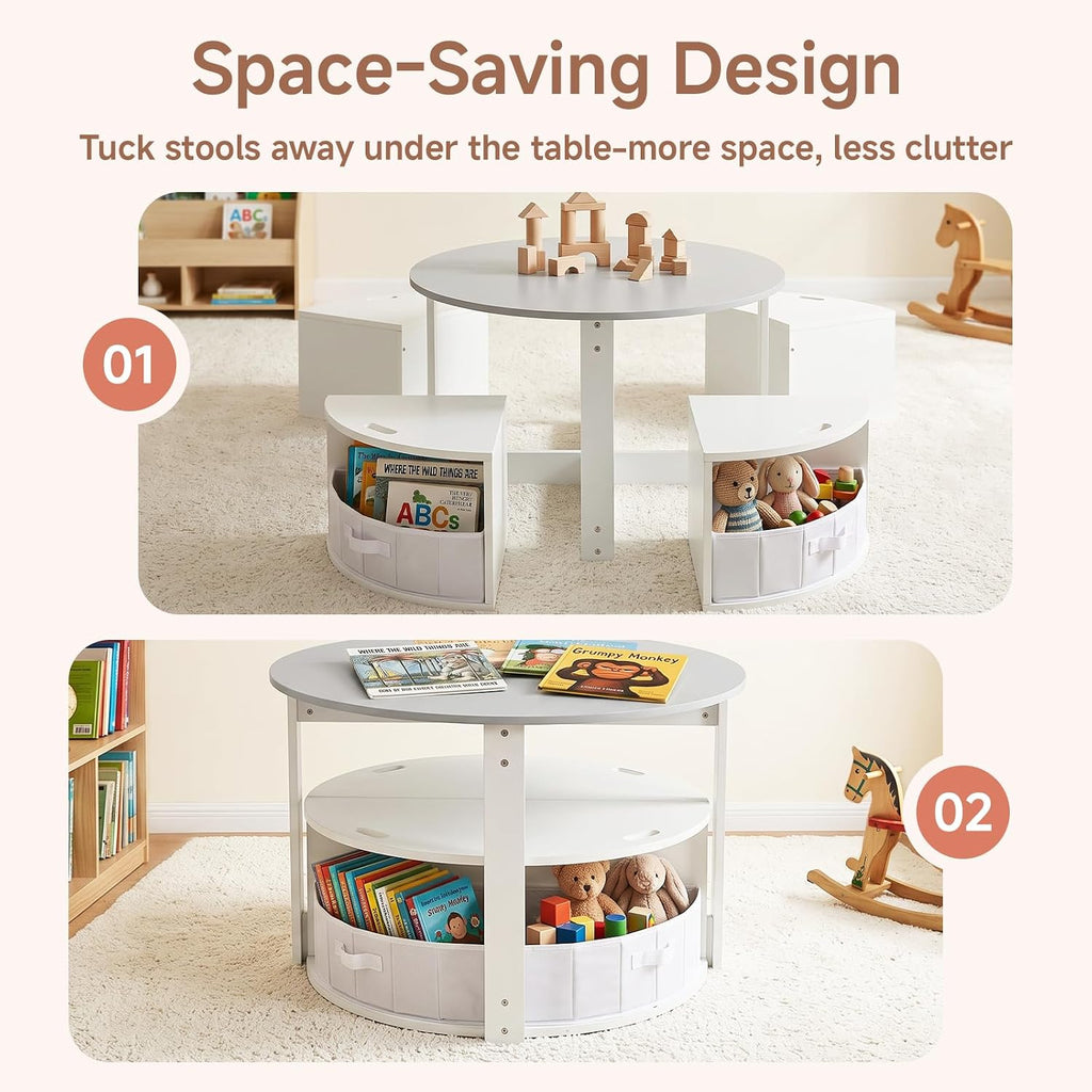 Kids Table and Chair Set,Wooden Round Desk with 4 Storage Drawers