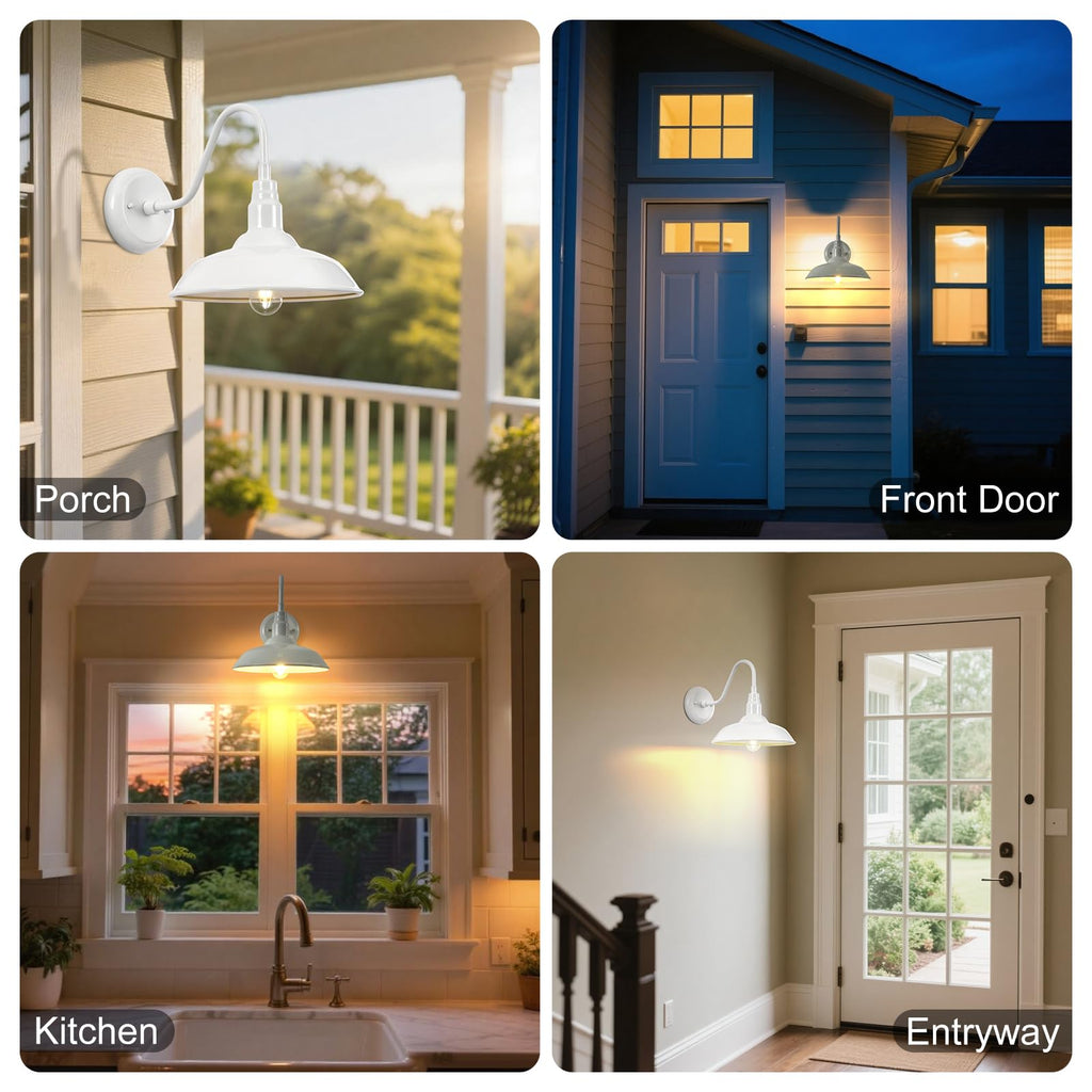 Outdoor Gooseneck Barn Light Fixture with Wall Mount, 10'' Diameter White Exterior Waterproof Wall Lantern for Porch