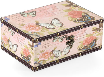 Butterfly Treasure Chest Box, Wooden + PU Leather Storage Decorative Box for Jewelry Trinkets Photos, Rectangular