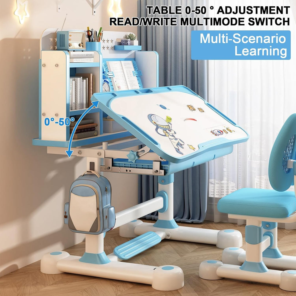 Kids Desk and Chair Set, Height Adjustable Study Table with Tilt Desktop