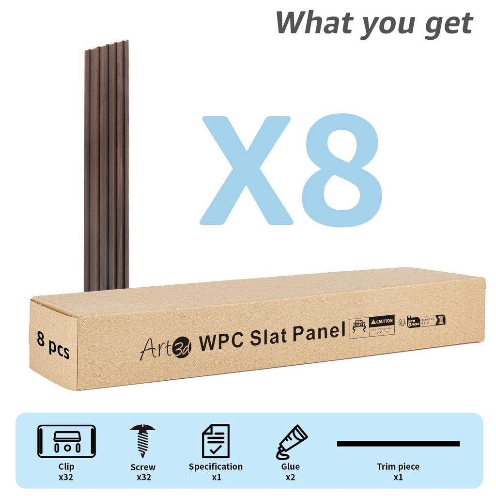 108 x 6 in WPC Wood Slat Wall Panels, 3D Wall Accents, 8-Pack, Walnut