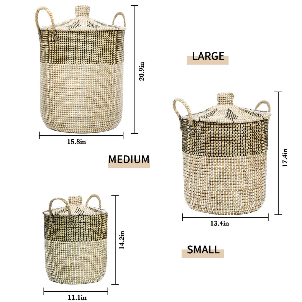 Set of 3 Laundry Hamper with Lid, Handmade Seagrass Woven Storage Basket for Toys, Pillows, Blankets, Clothes