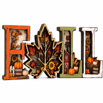 Fall Decorations 2026, 3D Wooden Fall Decor with Harvest Autumn Sign Leaf Pumpkin Scene, Rustic Thanksgiving Tabletop