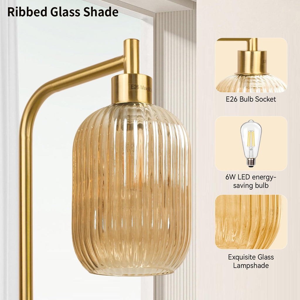 Glass Floor Lamp, Dimmer Standing Lamp with Green Ribbed Lampshade, 66" Tall Lamp & Gold Floor Lamp Study