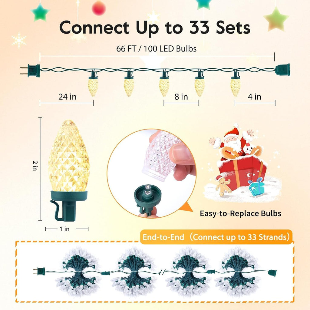 C9 LED Christmas String Lights, 66ft 100 LED Waterproof Strawberry String Lights, Plug-in Extendable Green Wire