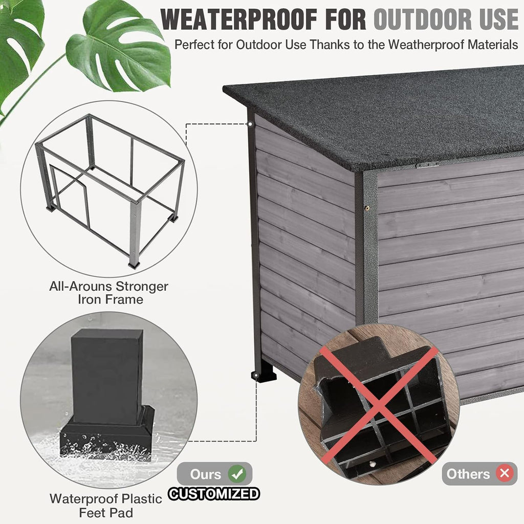 Dog House Outdoor Insulated Dog House for Small Medium Large Dogs, Natural Wood with Iron Frame, Waterproof Roof