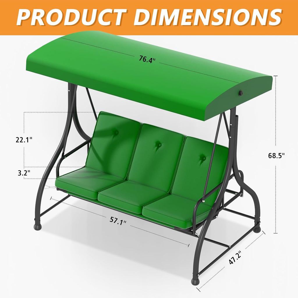 3-Seat Porch Swing with Adjustable Canopy w/Stand, Patio Glider Swings with Removable Cushions, 3 Person Large