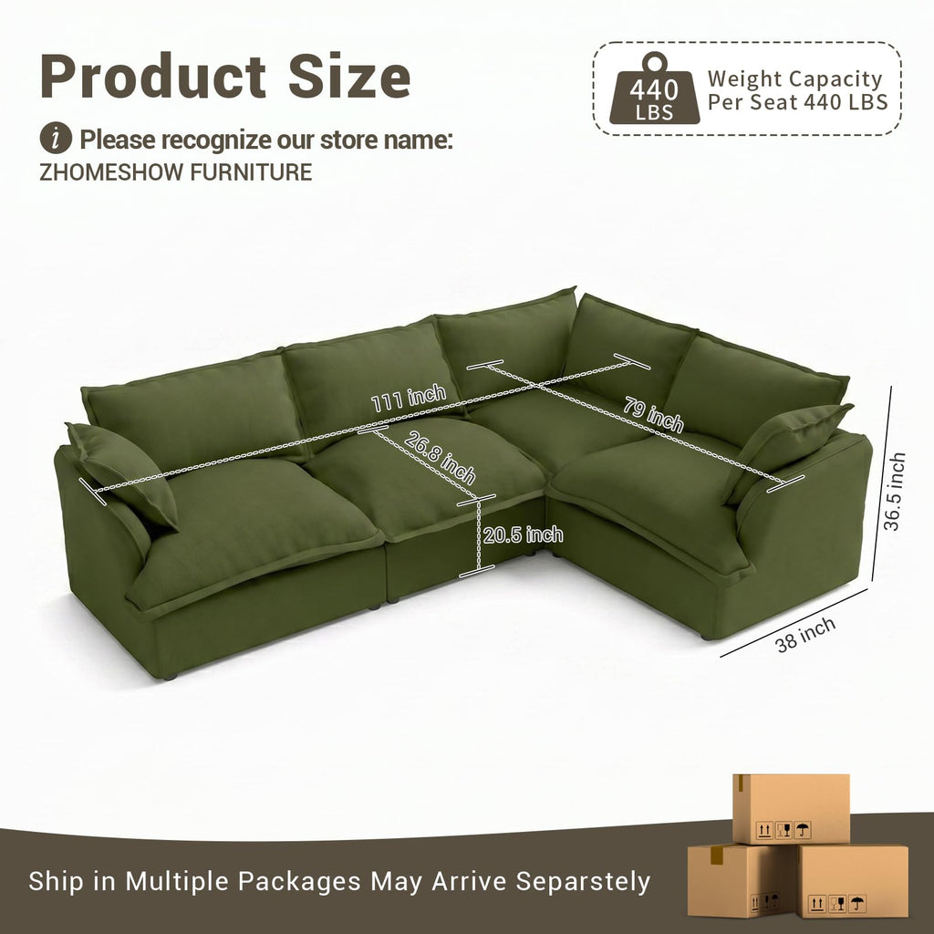111" Cloud Modular Sectional Sofa, L Shaped 4 Seat Couch, Green