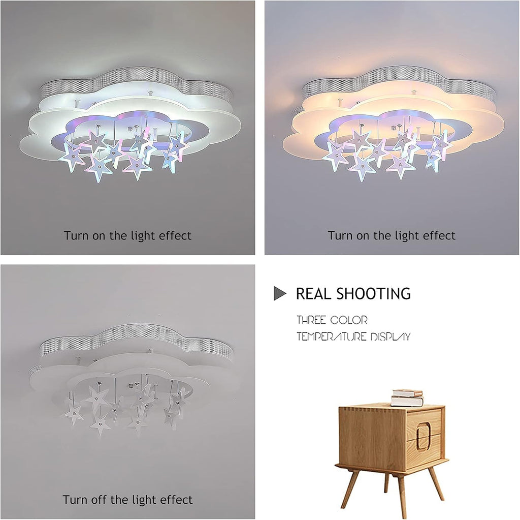LED Ceiling Light for Kids Room, Cloud and Hanging Star Flush Mount Ceiling Fixture with 3 Color Temperature