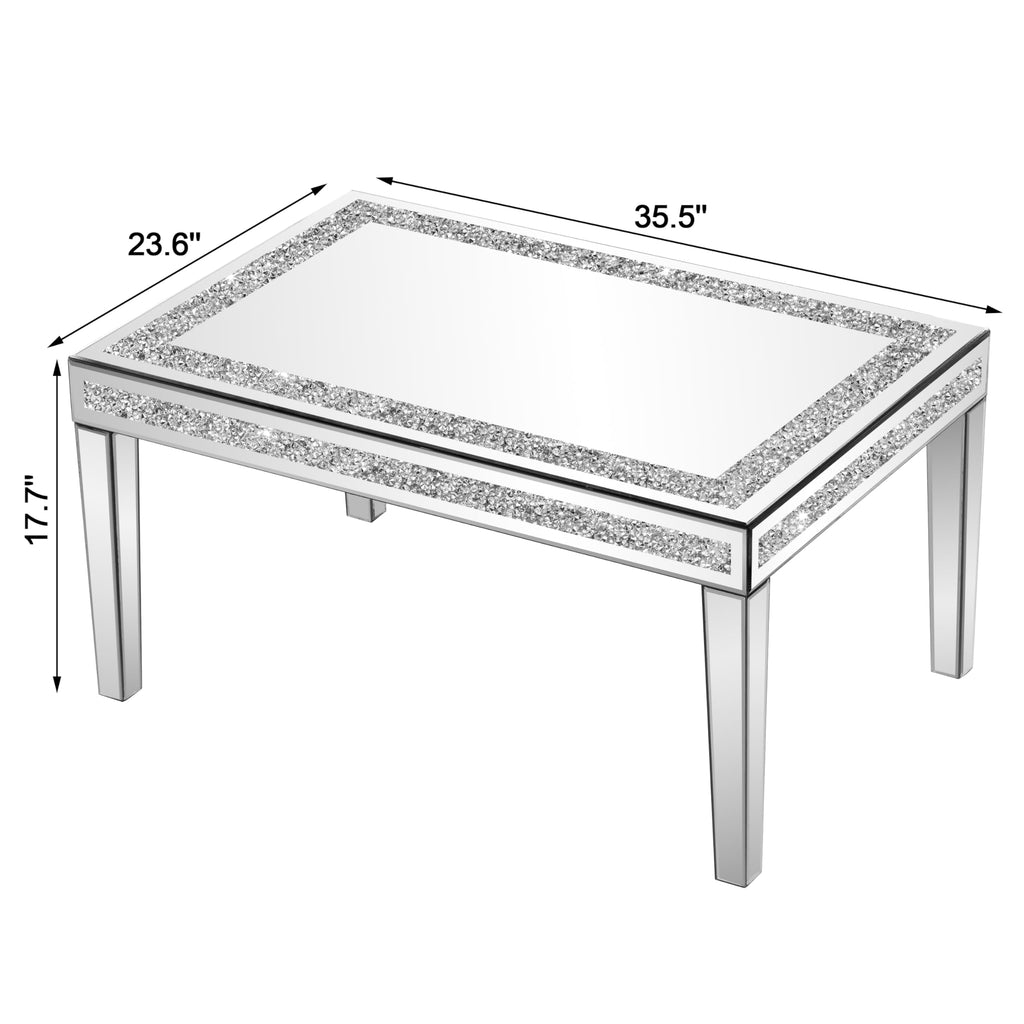 Silver Coffee Table with Crushed Crystal Border, Mirrored Glass